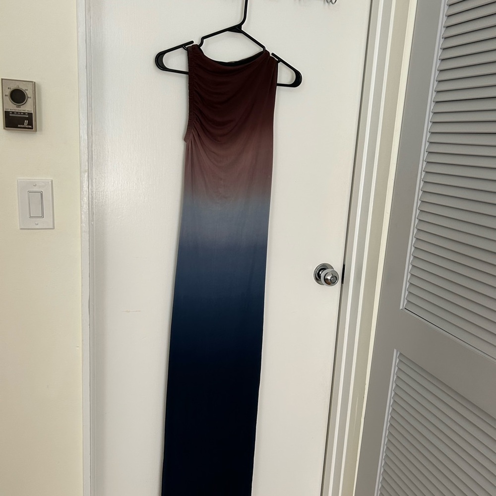 Brown and Blue Ombre Maxi Dress asymmetric collar